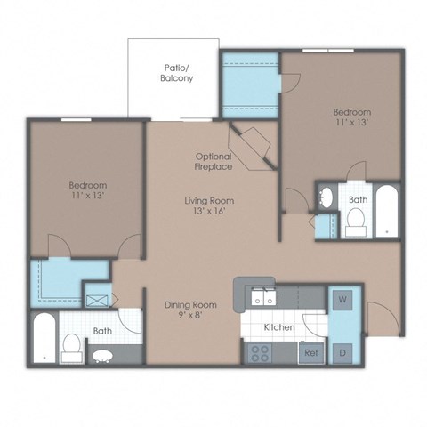 floor plan of a 2 bed 2 bath apartment