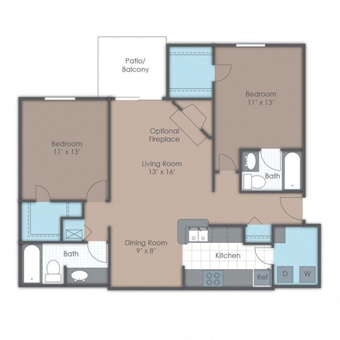 floor plan of a 2 bed 2 bath apartment