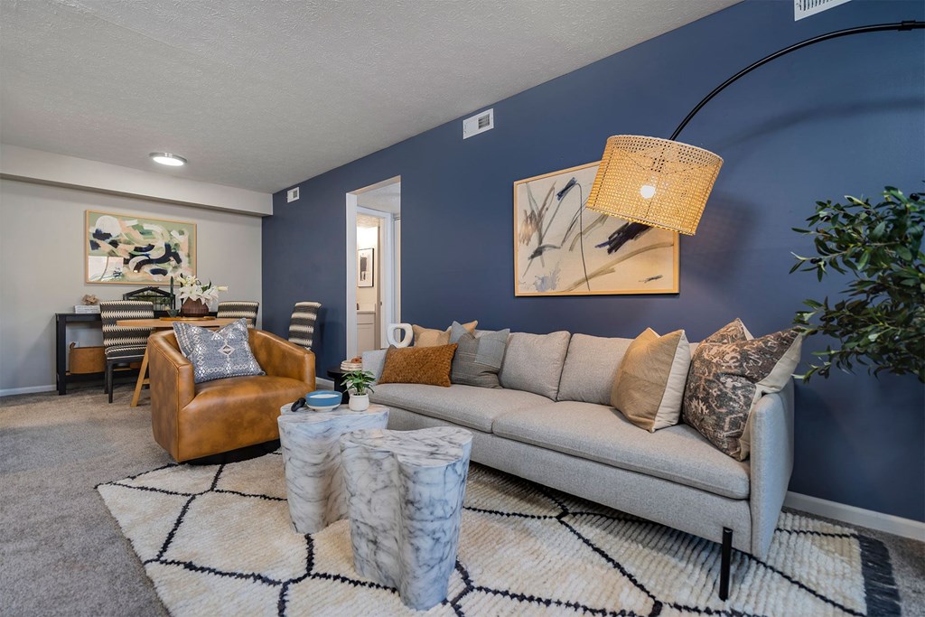 a living room with a blue accent wall and a gray couch