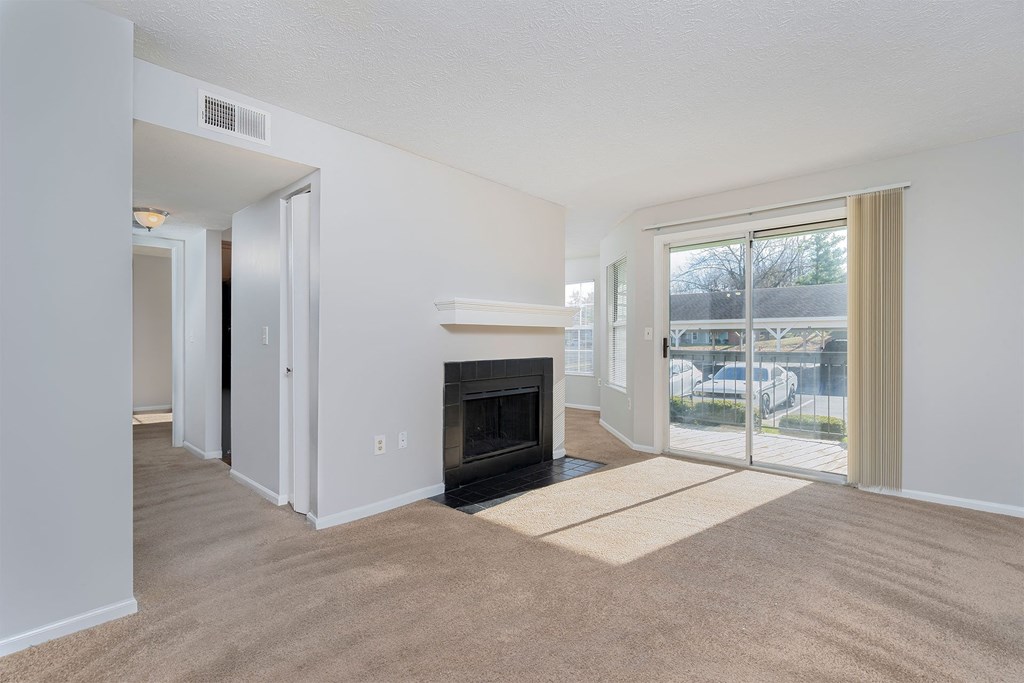 a living room with a fireplace and a patio door