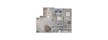 A floor plan of an apartment with a living room, kitchen, dining area, and two bedrooms.