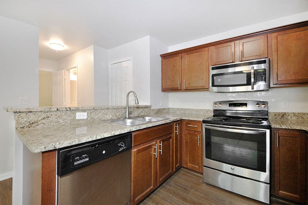 a kitchen with stainless steel appliances and a granite counter top