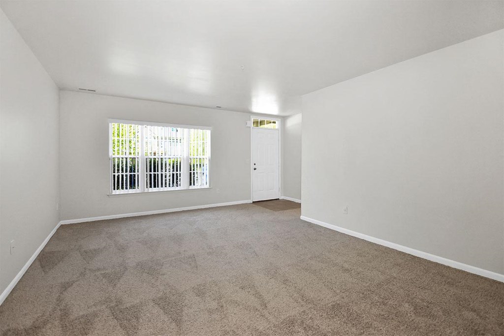 a spacious living room with a large window and carpeting