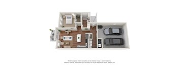 a stylized floor plan with a bedroom and a living room