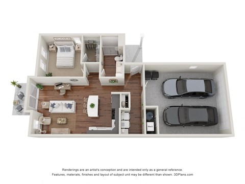 a stylized floor plan with a bedroom and a living room