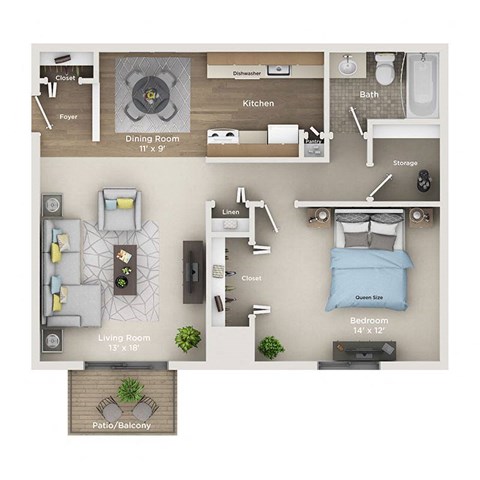 A floor plan of a home showing a living room, dining room, kitchen, and bedrooms.