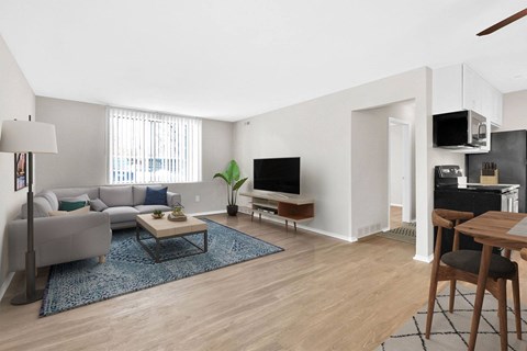 A living room with a grey couch, a coffee table, a television, and a potted plant.