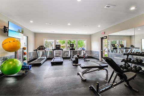A gym with a variety of equipment including treadmills, exercise bikes, and weights.