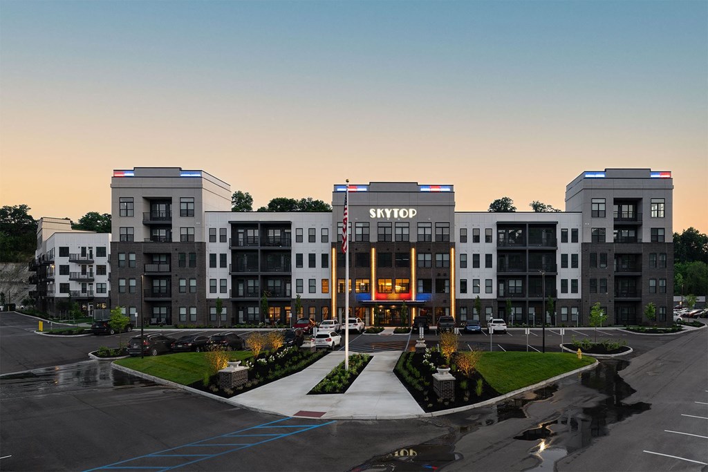 an aerial view of the nwb building at dusk