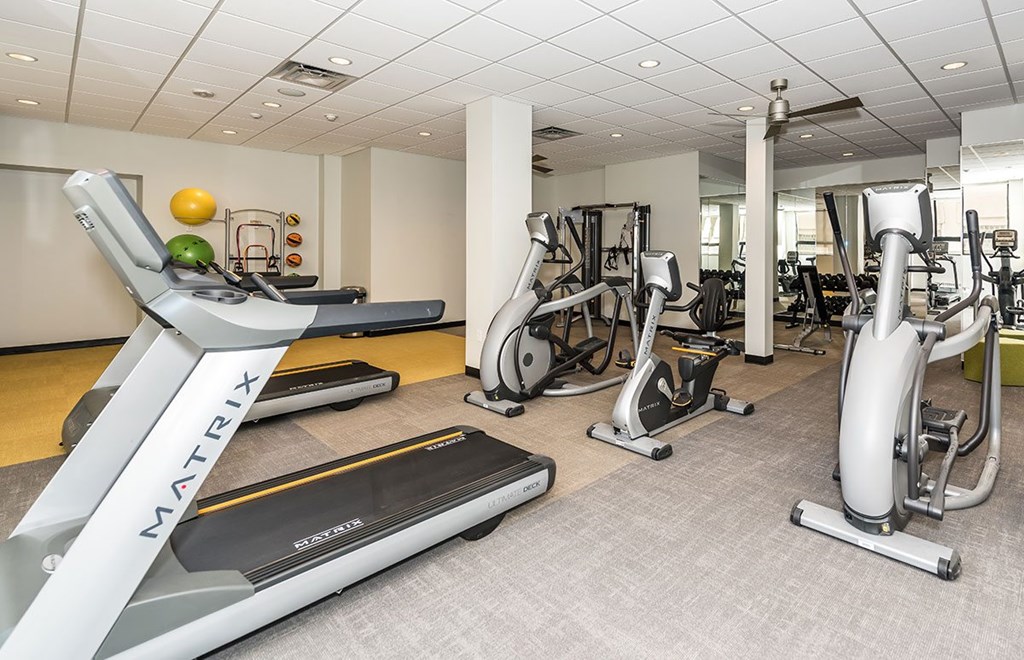 A gym with a treadmill and other exercise equipment.