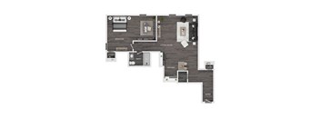 A floor plan of a house with a bedroom, living room, kitchen, and bathroom.