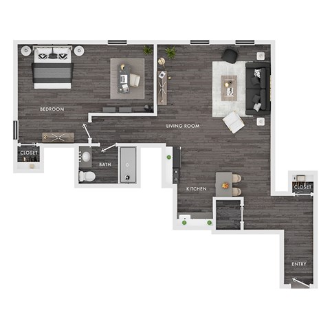 A floor plan of a house with a bedroom, living room, kitchen, and bathroom.