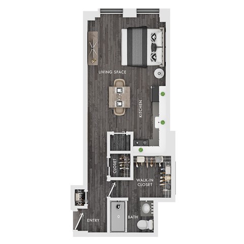 A floor plan of a house with a living space, kitchen, bath, and closet.
