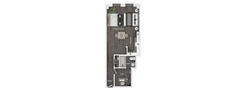 A floor plan of a small apartment with a living space, kitchen, bathroom, and den.
