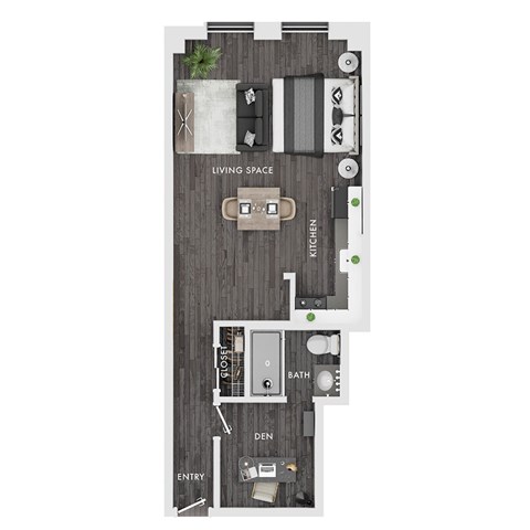 A floor plan of a small apartment with a living space, kitchen, bathroom, and den.