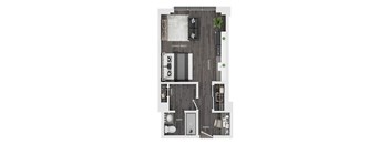 A floor plan of a small apartment with a living space, kitchen, bathroom, and entry.