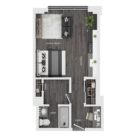 A floor plan of a small apartment with a living space, kitchen, bathroom, and entry.