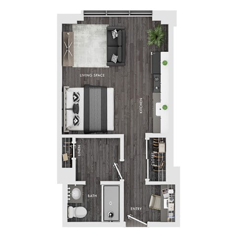 A floor plan of a small apartment with a living space, kitchen, bathroom, and entry.