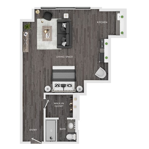 A floor plan of a small apartment with a living space, kitchen, and bathroom.