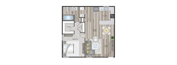 A floor plan of a house with a bedroom, bathroom, kitchen, dining room, living room, and closet.