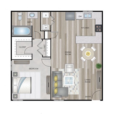 A floor plan of a house with a bedroom, bathroom, kitchen, dining room, living room, and closet.