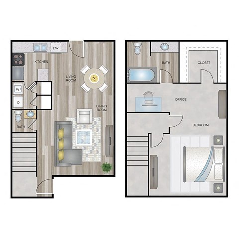 A floor plan of a house with a living room, dining room, kitchen, and bedroom.