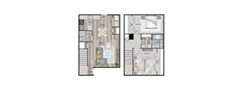 A floor plan of a two bedroom apartment with a living room, dining room, kitchen, and bathrooms.