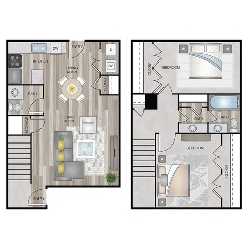 A floor plan of a two bedroom apartment with a living room, dining room, kitchen, and bathrooms.
