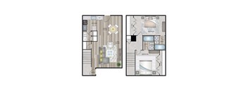 A floor plan of a house with two bedrooms, a living room, a dining room, a kitchen, and an entry.