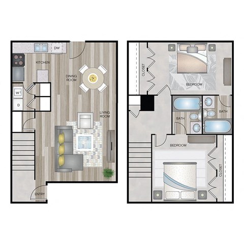 A floor plan of a house with two bedrooms, a living room, a dining room, a kitchen, and an entry.