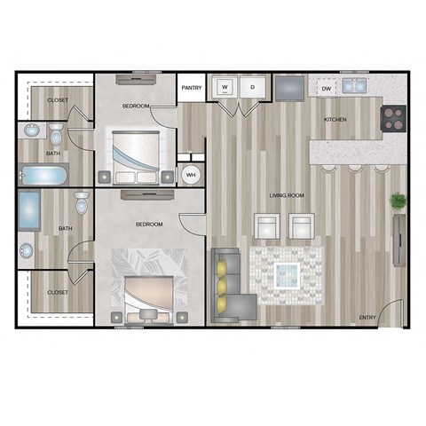 A floor plan of a house with labeled rooms such as bedroom, bath, pantry, and living room.