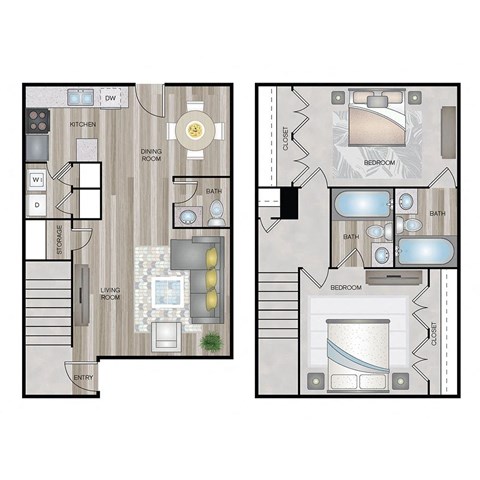 A floor plan of a two-story house with a living room, dining room, kitchen, and bedrooms.