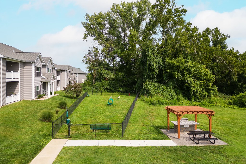 a backyard with a dog park and a picnic table