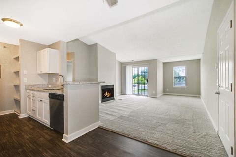 A kitchen with a dishwasher and a fireplace.