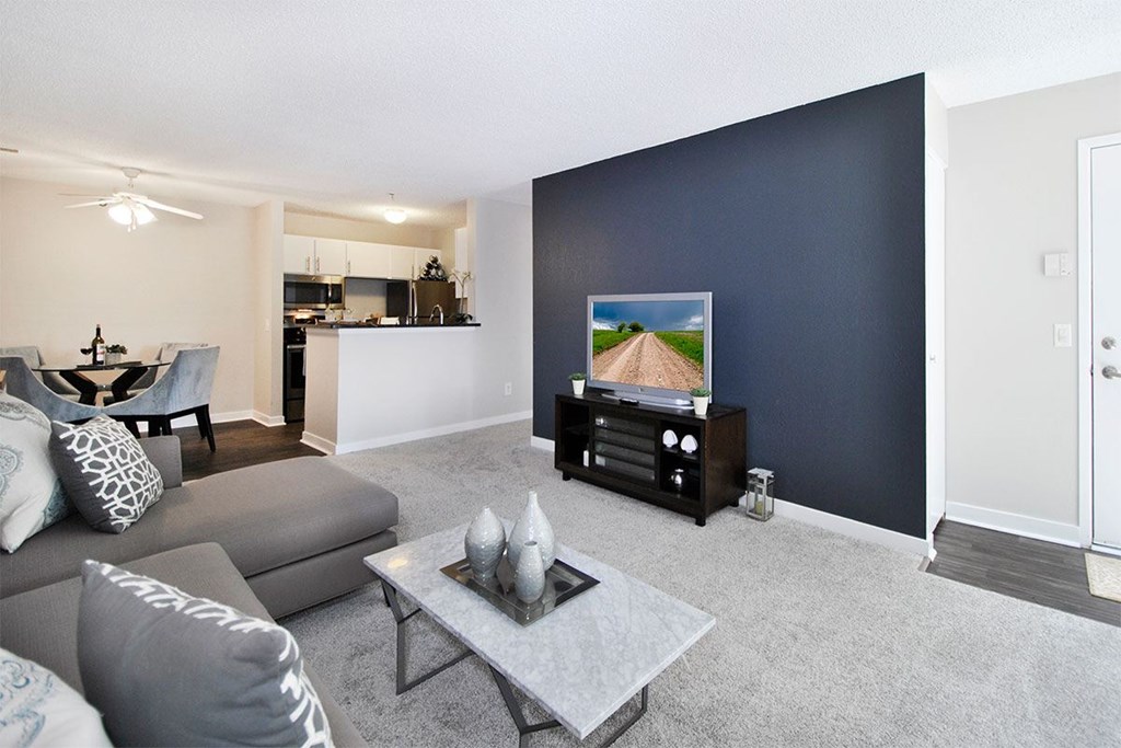 A living room with a grey sofa and a grey coffee table.