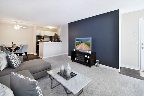 A living room with a grey sofa and a grey coffee table.