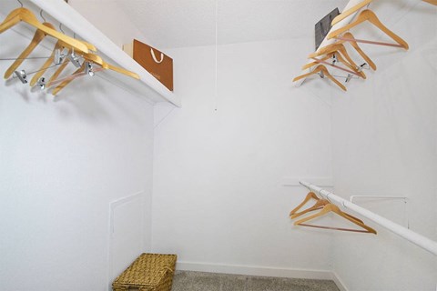 Closet with hangers and a small stool.