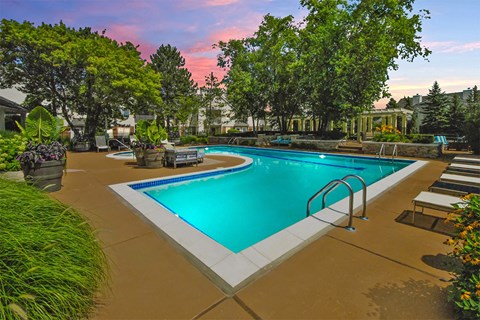 A large outdoor swimming pool surrounded by trees and plants.