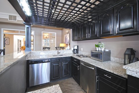 A kitchen with black cabinets and a stainless steel dishwasher.