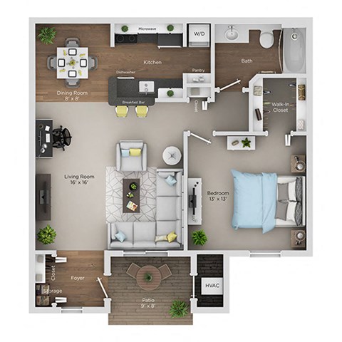 A floor plan of a two-bedroom apartment with a living room, dining room, kitchen, and bathroom.