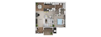 A floor plan of a two-bedroom apartment with a living room, dining room, kitchen, and bathroom.