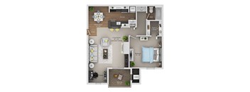 A floor plan of a home with a living room, dining room, kitchen, and other rooms.