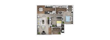 A floor plan of a house with a living room, dining room, kitchen, and two bedrooms.