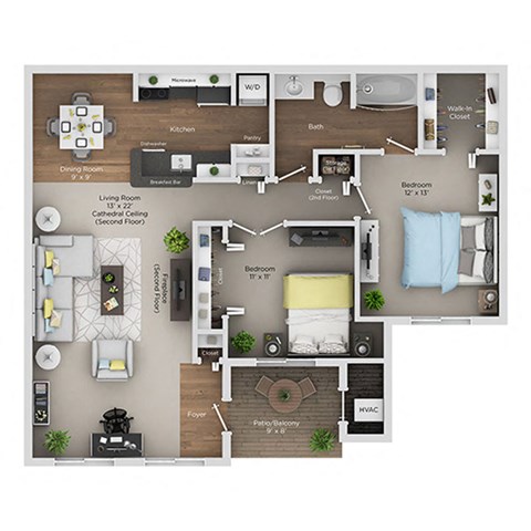 A floor plan of a house with a living room, dining room, kitchen, and two bedrooms.