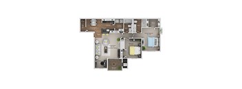 A floor plan of a house with a living room, kitchen, and two bedrooms.