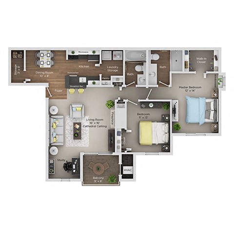 A floor plan of a house with a living room, kitchen, and two bedrooms.