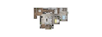 A floor plan of a two-bedroom apartment with a living room, kitchen, and bathroom.