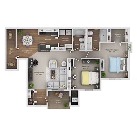A floor plan of a two-bedroom apartment with a living room, kitchen, and bathroom.