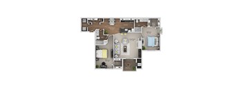 A floor plan of a two-bedroom apartment with a living room, kitchen, and bathroom.