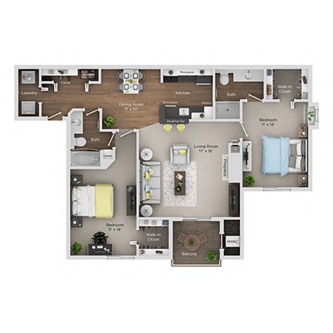 A floor plan of a two-bedroom apartment with a living room, kitchen, and bathroom.
